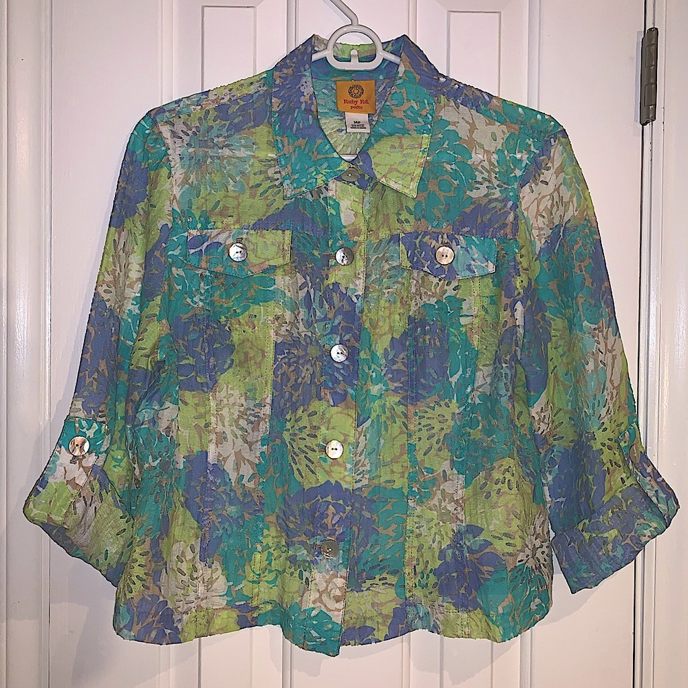 Ruby Rd petite lightweight floral Top/Jacket with Mother of Pearl buttons sz 14P